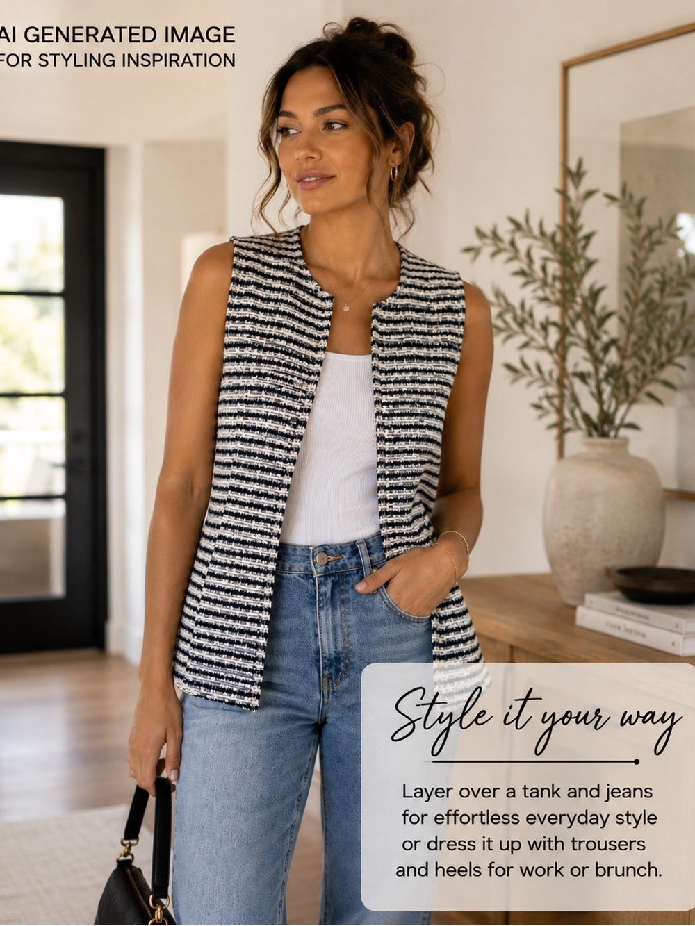 Starlet Navy Blue White Bouclé Vest Metallic Thread Open Front Sleeveless Blazer